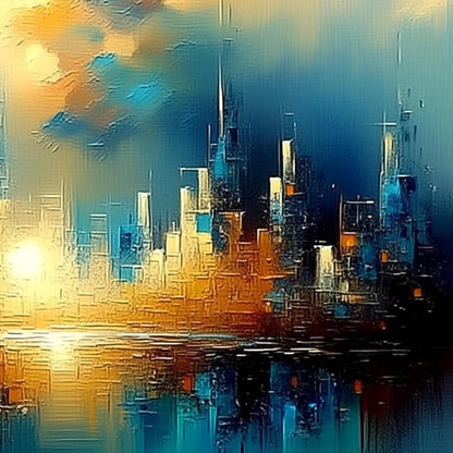 Futuristic Cityscape Painting Teal Gold – Teal and Gold Cityscape City Architecture Wall Art | Abstract Painting, view 5