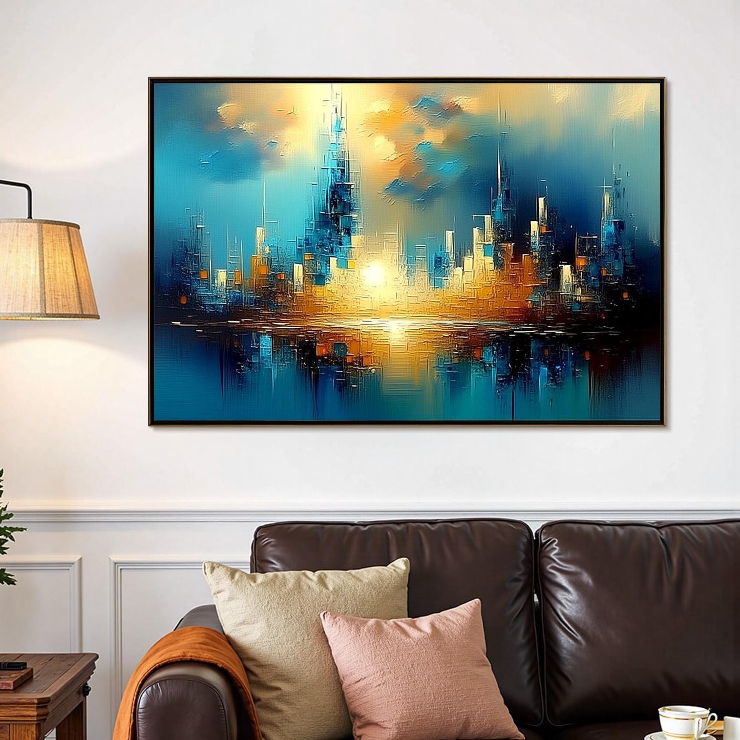 Teal and Gold Abstract Cityscape City Architecture Wall Art – Futuristic Skyline Painting