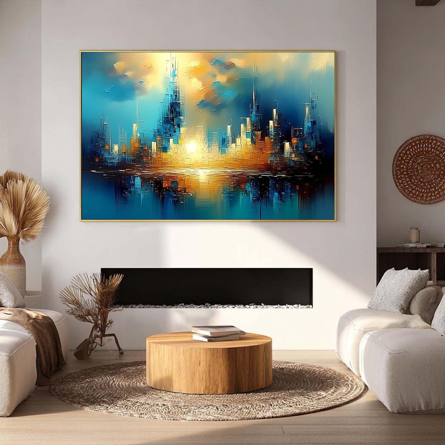 Futuristic Cityscape Painting Teal Gold – Teal and Gold Cityscape City Architecture Wall Art | Abstract Painting, view 1