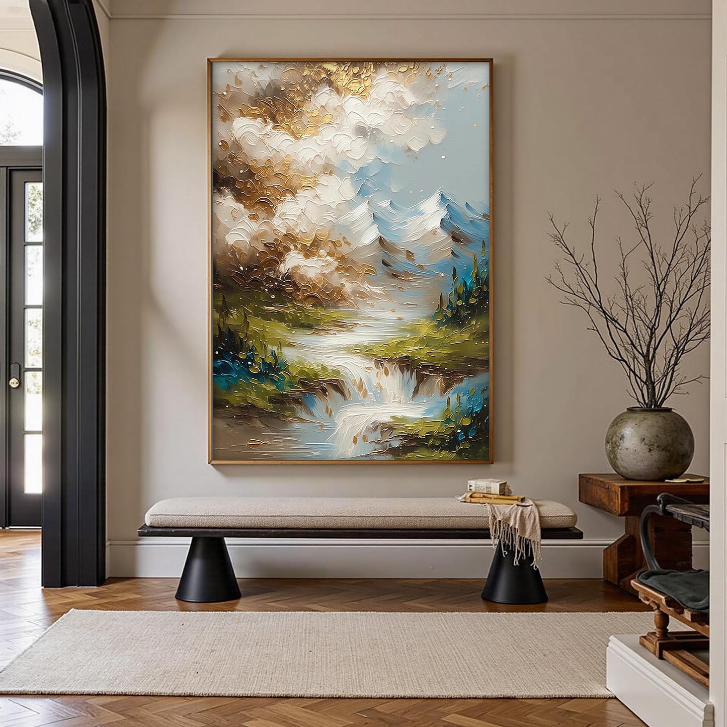 Gold Mountain Waterfall Painting – Green and Gold River Landscape Wall Art | Impasto Painting, view 4