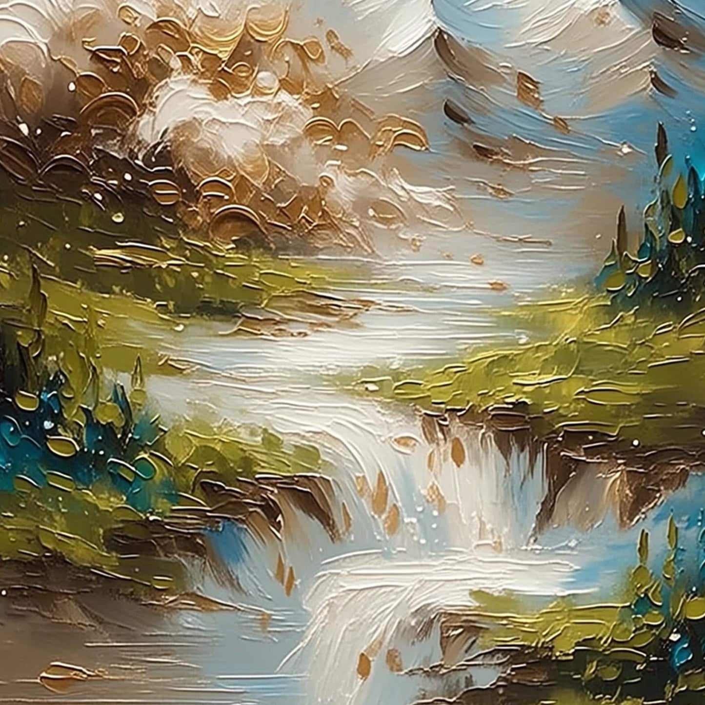 Gold Mountain Waterfall Painting – Green and Gold River Landscape Wall Art | Impasto Painting, view 5