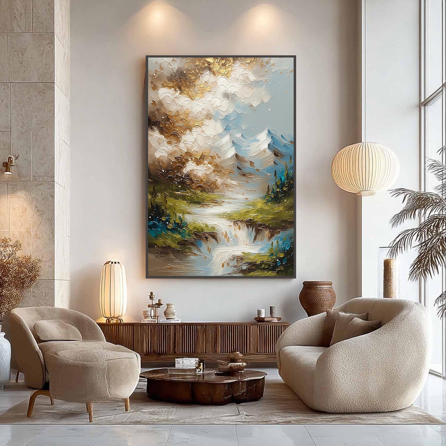 Green and Gold Impasto River Landscape Wall Art – Gold Mountain Waterfall Painting