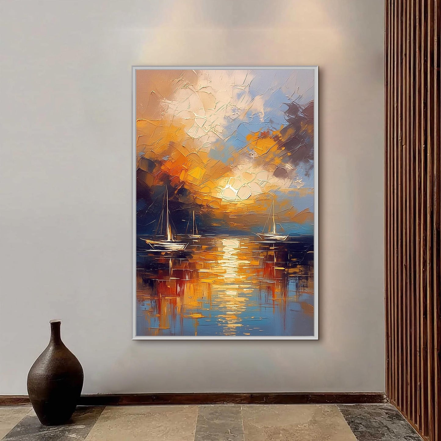 Navy and Orange Impasto Sailboat Sunset 3D Texture Wall Art