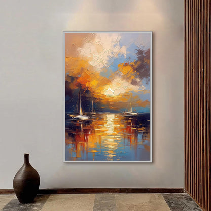 Navy and Orange Impasto Sailboat Sunset 3D Texture Wall Art