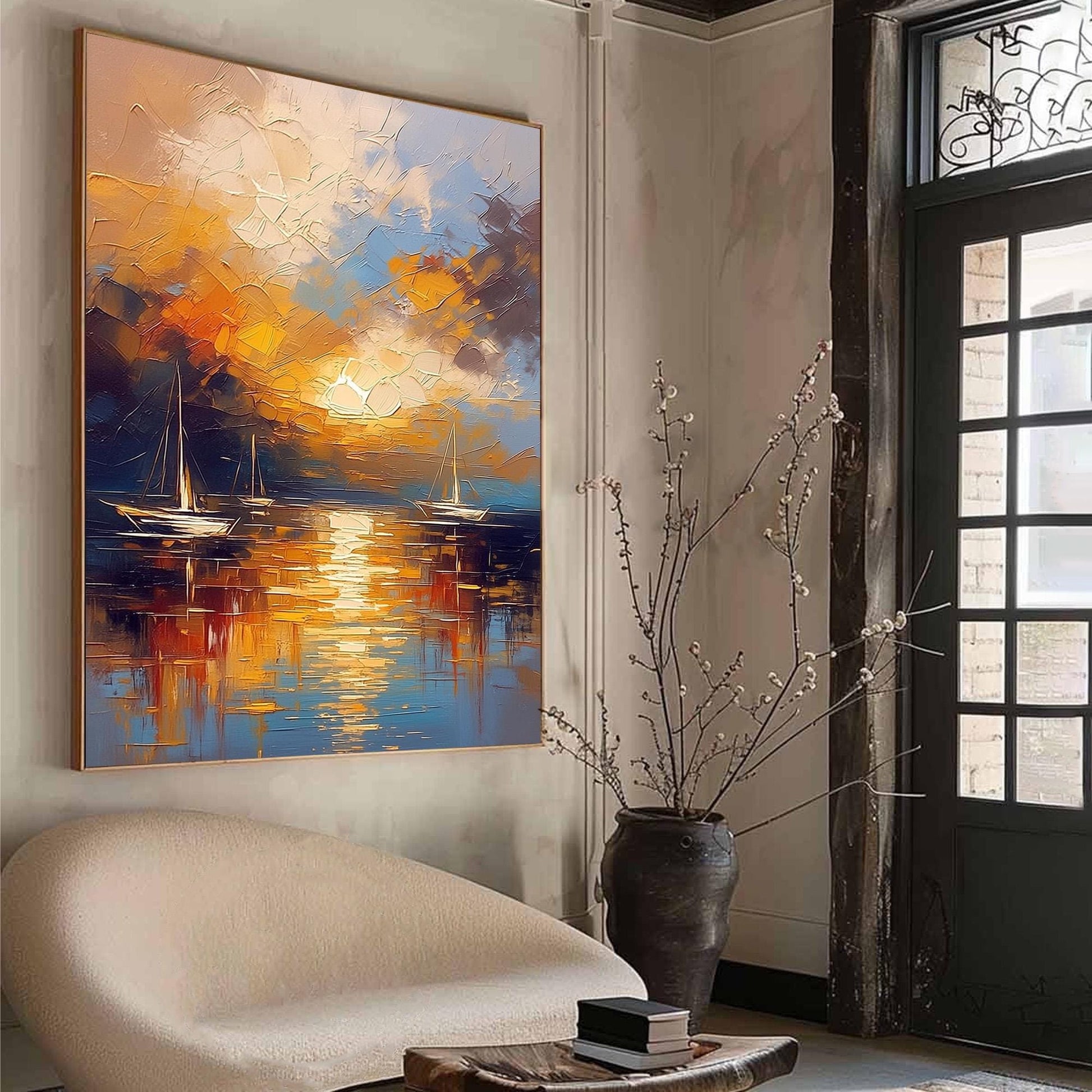 Sailboat Sunset Painting Gold Blue – Navy and Orange Sailboat 3D Texture Wall Art | Impasto Painting, view 2