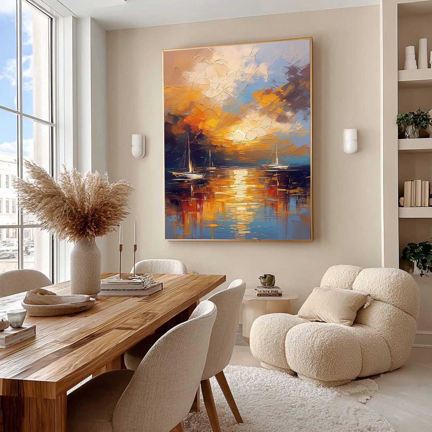 Sailboat Sunset Painting Gold Blue – Navy and Orange Sailboat 3D Texture Wall Art | Impasto Painting, view 3