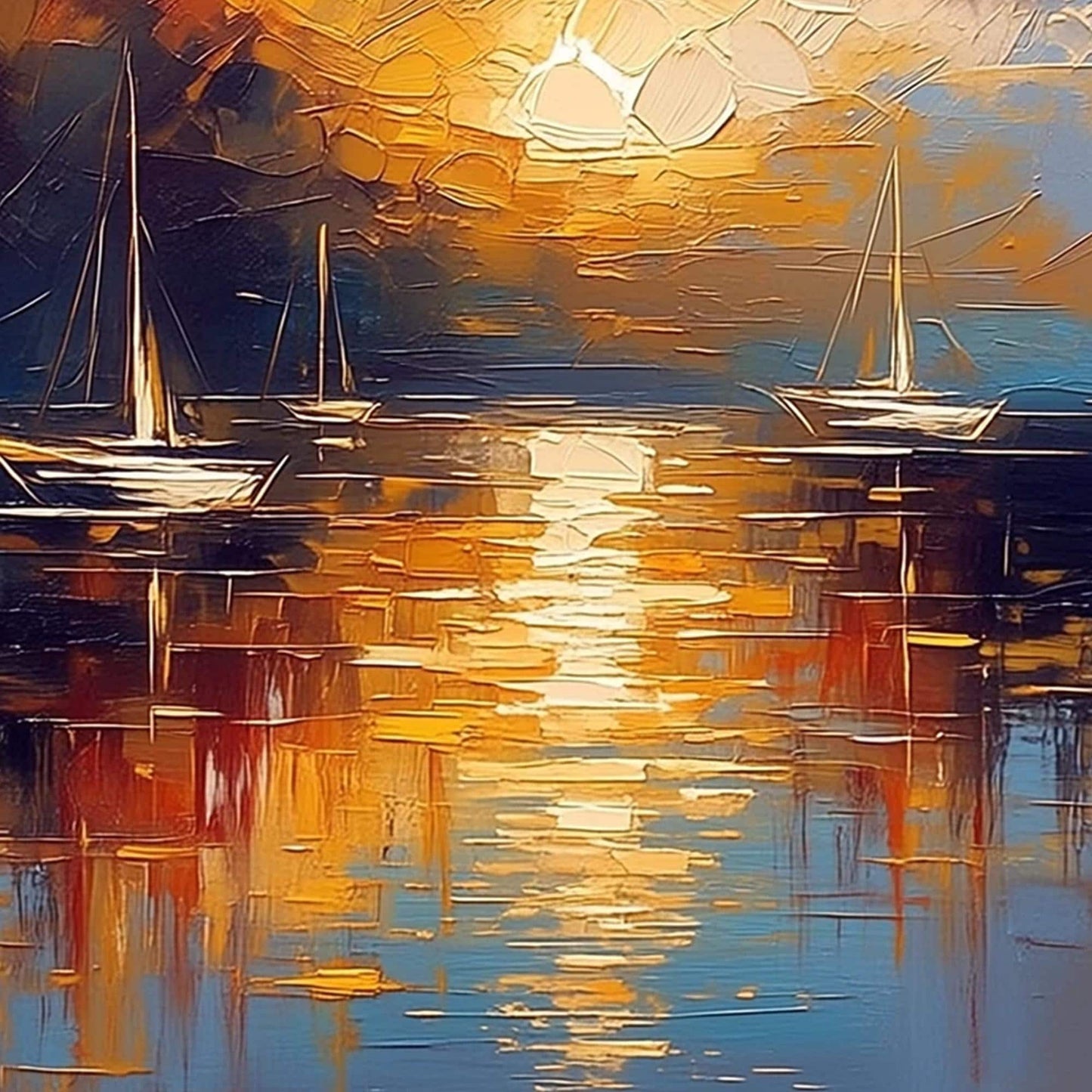 Sailboat Sunset Painting Gold Blue – Navy and Orange Sailboat 3D Texture Wall Art | Impasto Painting, view 5