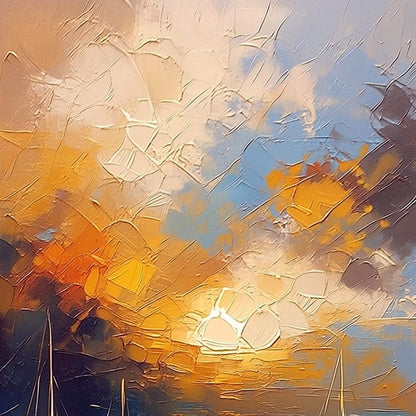 Navy and Orange Impasto Sailboat Sunset 3D Texture Wall Art