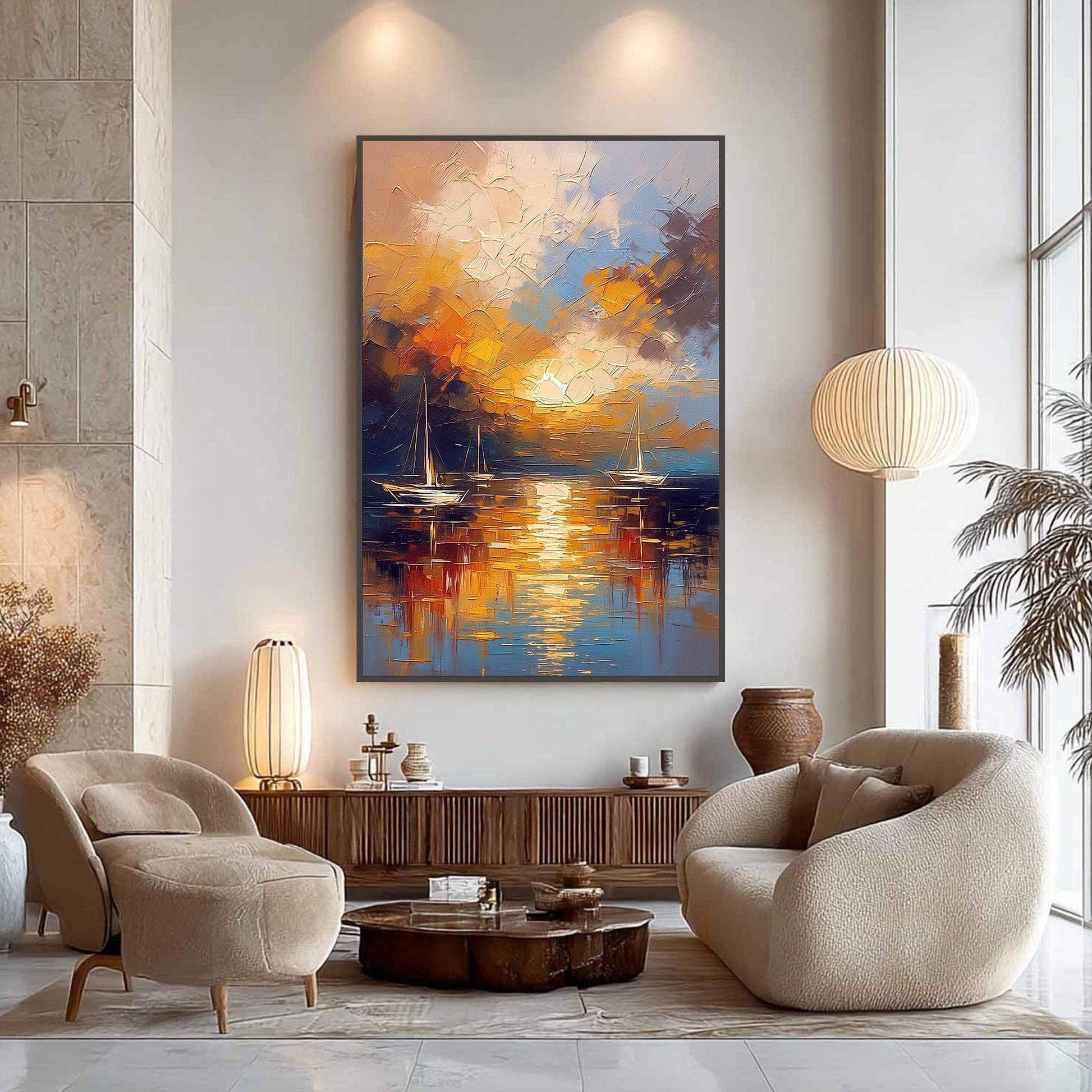 Sailboat Sunset Painting Gold Blue – Navy and Orange Sailboat 3D Texture Wall Art | Impasto Painting, view 1