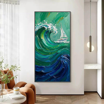 Emerald and White Impasto Sailboat Seascape Wall Art
