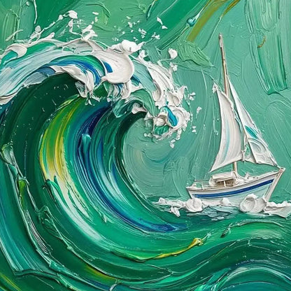 Emerald Wave Painting Sailboat – Emerald and White Sailboat Seascape Wall Art | Impasto Painting, view 5