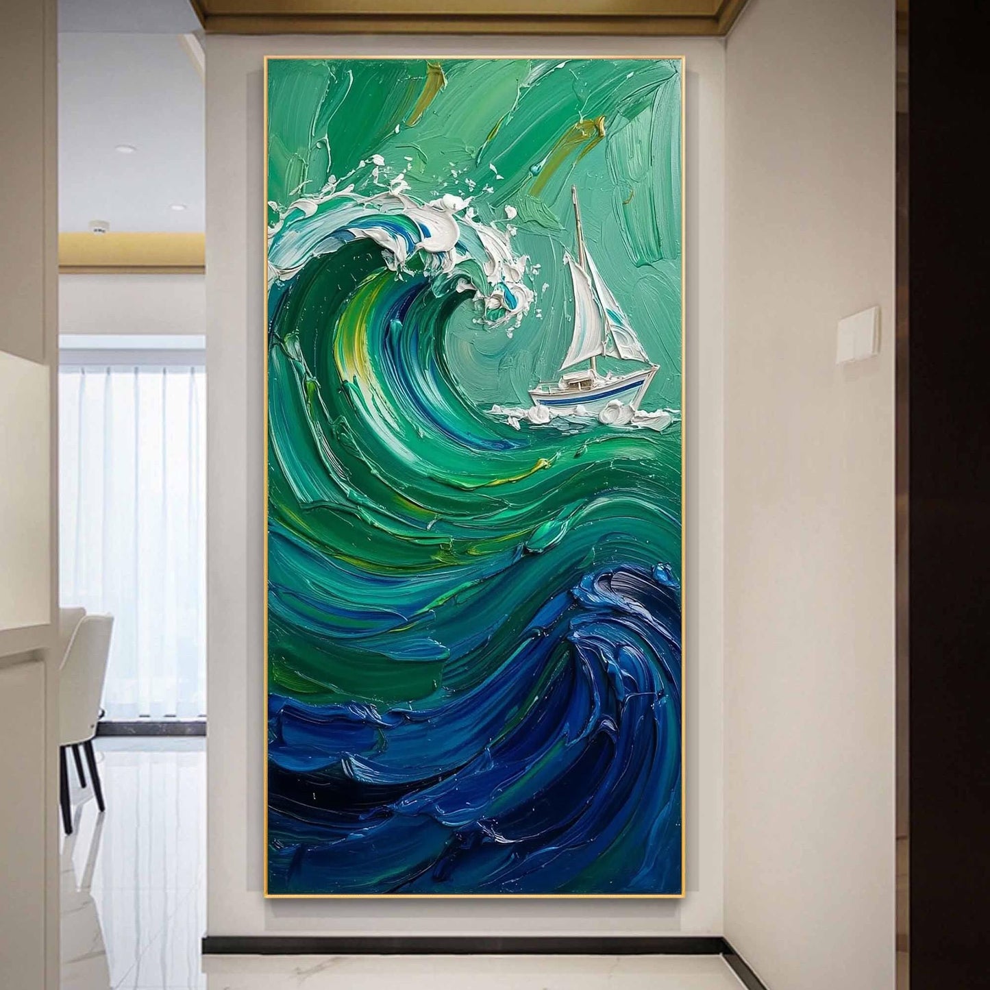 Emerald Wave Painting Sailboat – Emerald and White Sailboat Seascape Wall Art | Impasto Painting, view 4
