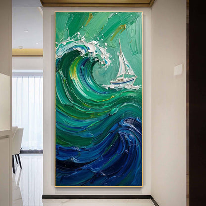 Emerald Wave Painting Sailboat – Emerald and White Sailboat Seascape Wall Art | Impasto Painting, view 4