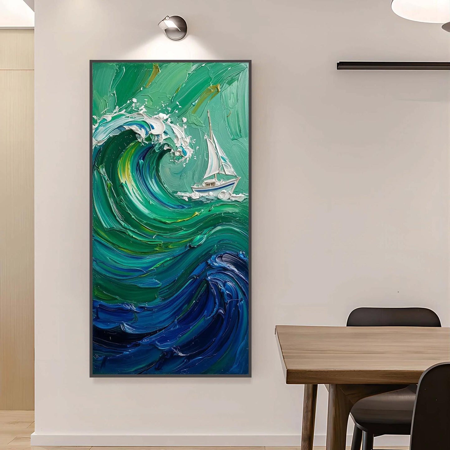Emerald and White Impasto Sailboat Seascape Wall Art