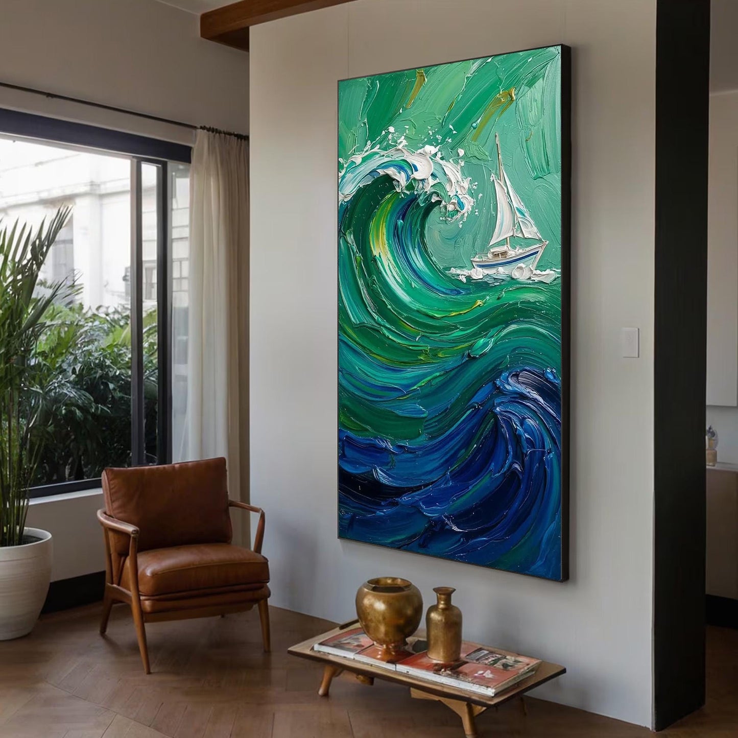 Emerald Wave Painting Sailboat – Emerald and White Sailboat Seascape Wall Art | Impasto Painting, view 2