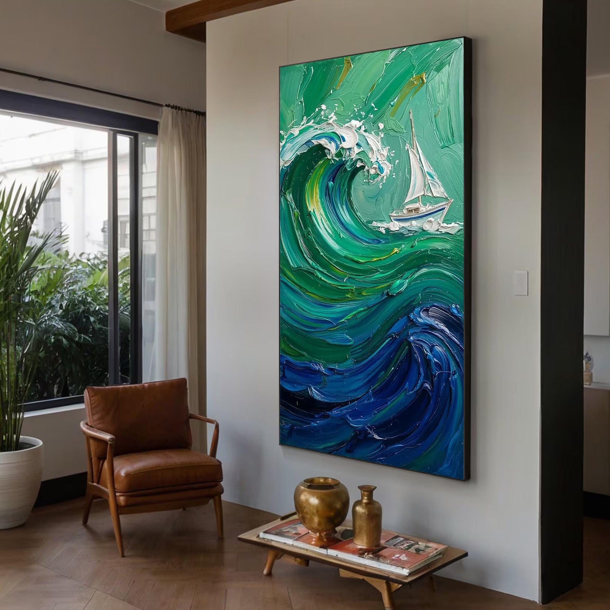 Emerald Wave Painting Sailboat – Emerald and White Sailboat Seascape Wall Art | Impasto Painting, view 2