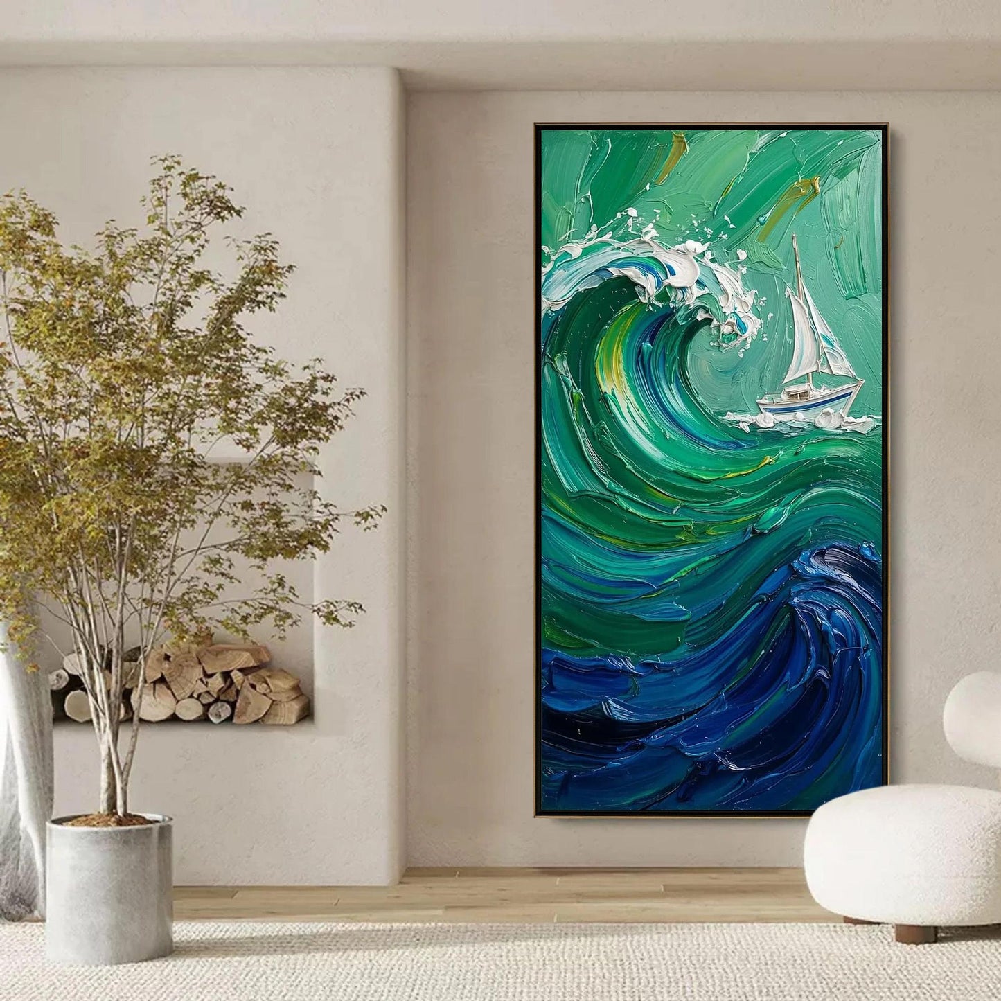Emerald and White Impasto Sailboat Seascape Wall Art