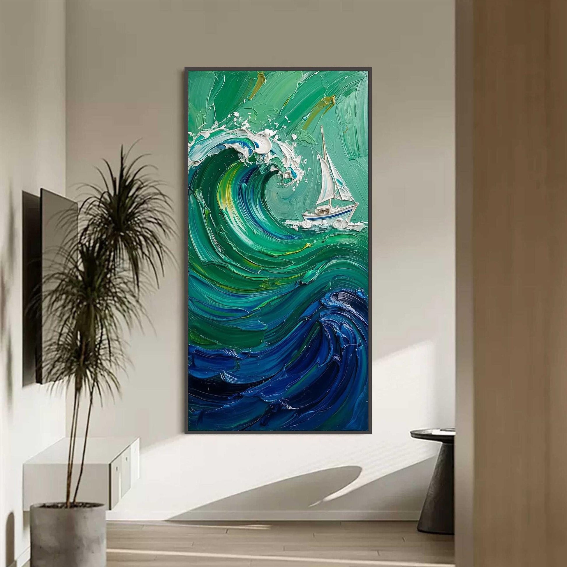 Emerald Wave Painting Sailboat – Emerald and White Sailboat Seascape Wall Art | Impasto Painting, view 1