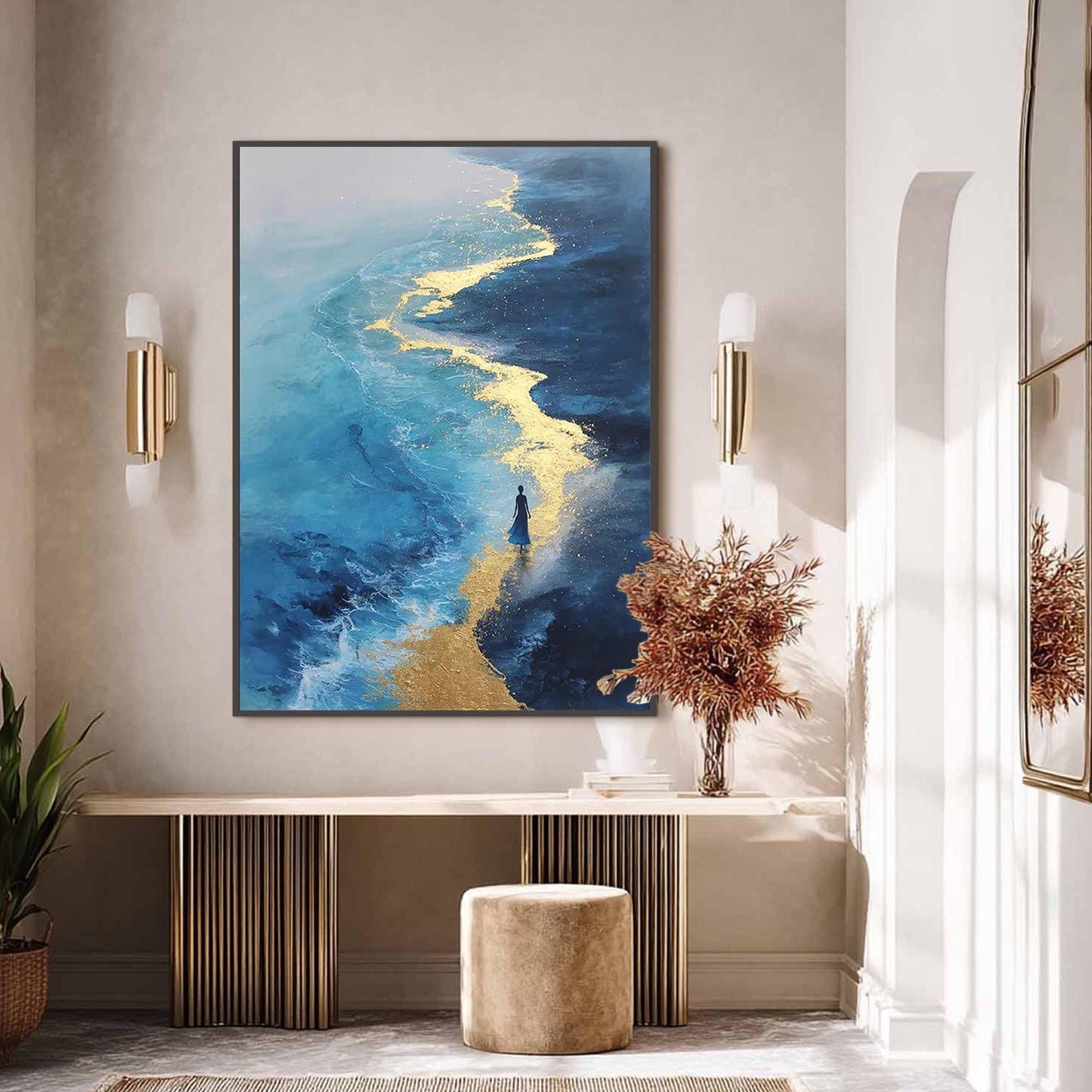 Blue and Gold – Blue and Gold Beach Seascape Wall Art | Abstract Textured Hand-Painted Painting, view 1