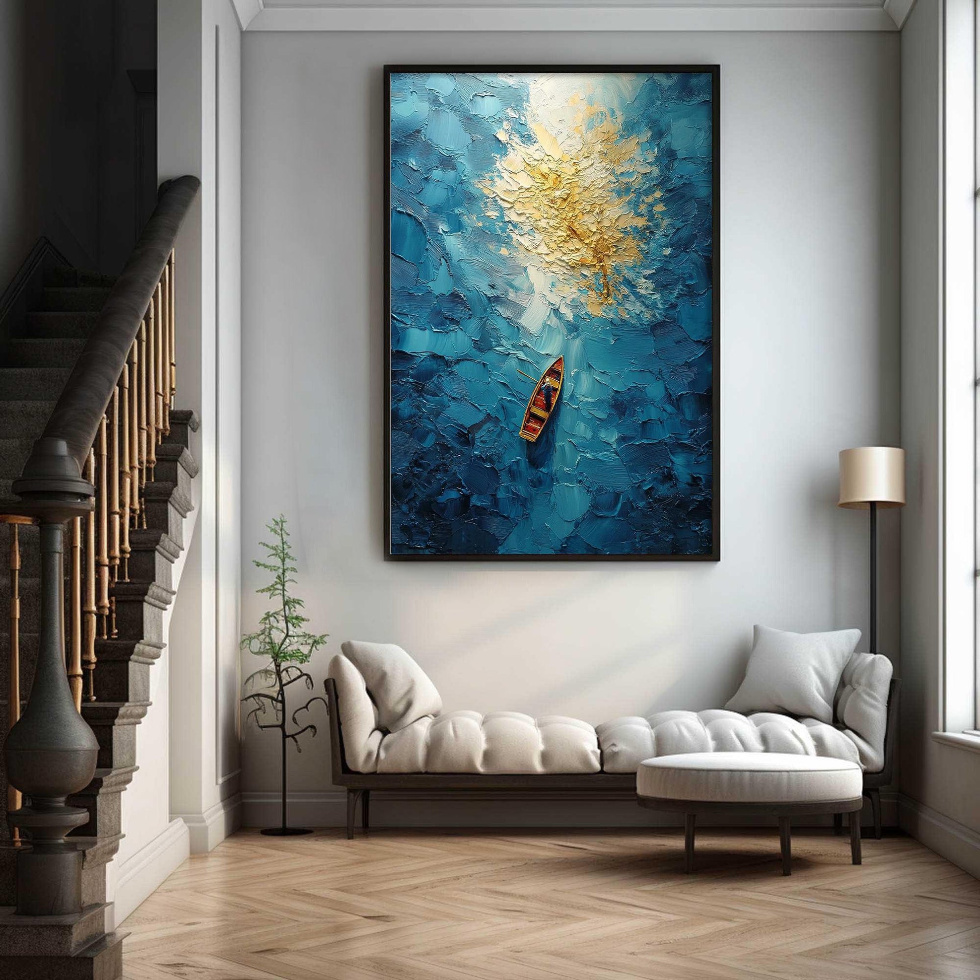 Blue – Turquoise and Gold Ship 3D Texture Wall Art | Impasto Painting, view 4