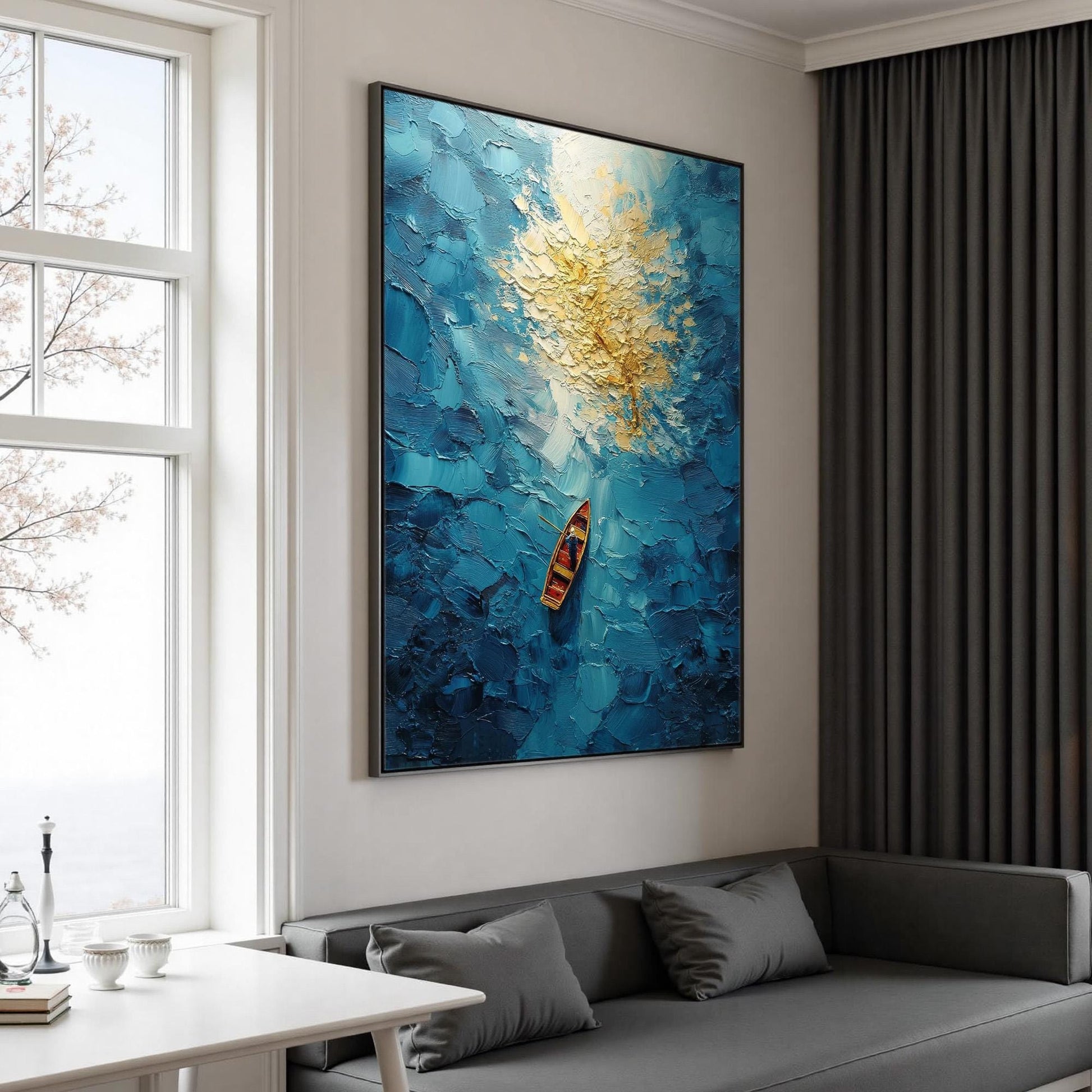 Blue – Turquoise and Gold Ship 3D Texture Wall Art | Impasto Painting, view 2