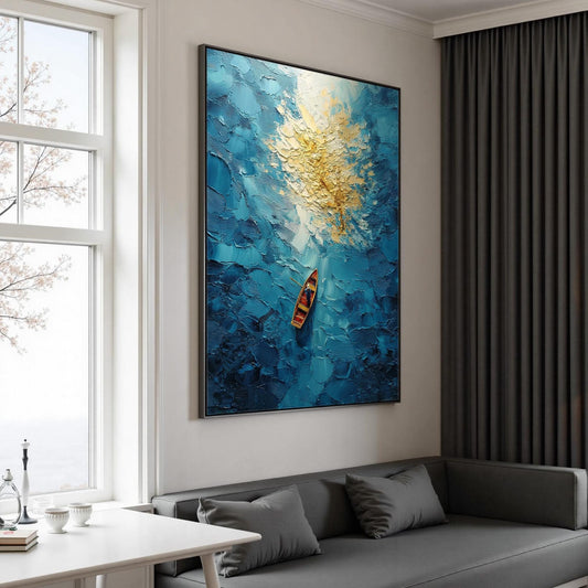 Blue – Turquoise and Gold Ship 3D Texture Wall Art | Impasto Painting, view 2