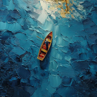 Blue – Turquoise and Gold Ship 3D Texture Wall Art | Impasto Painting, view 5