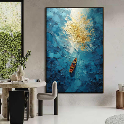 Turquoise and Gold Impasto Ship 3D Texture Wall Art – Blue Ocean Boat Painting