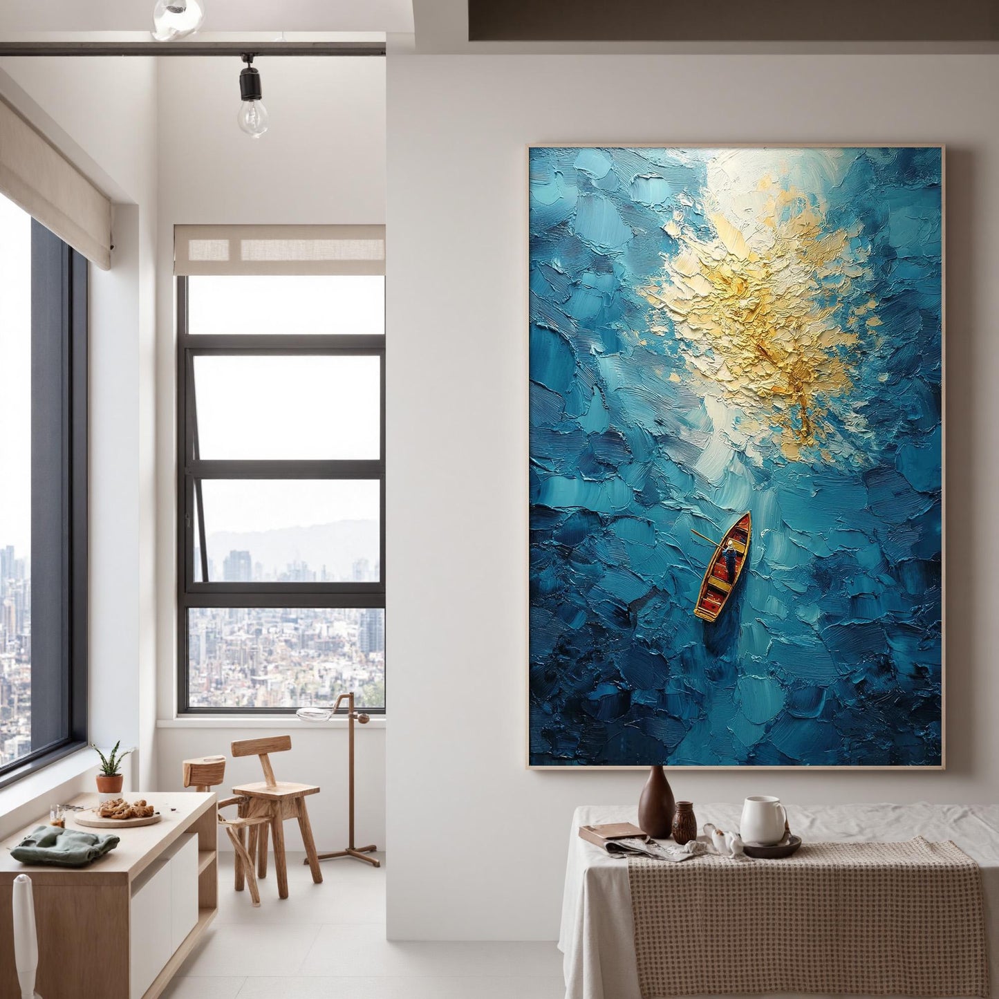 Turquoise and Gold Impasto Ship 3D Texture Wall Art – Blue Ocean Boat Painting