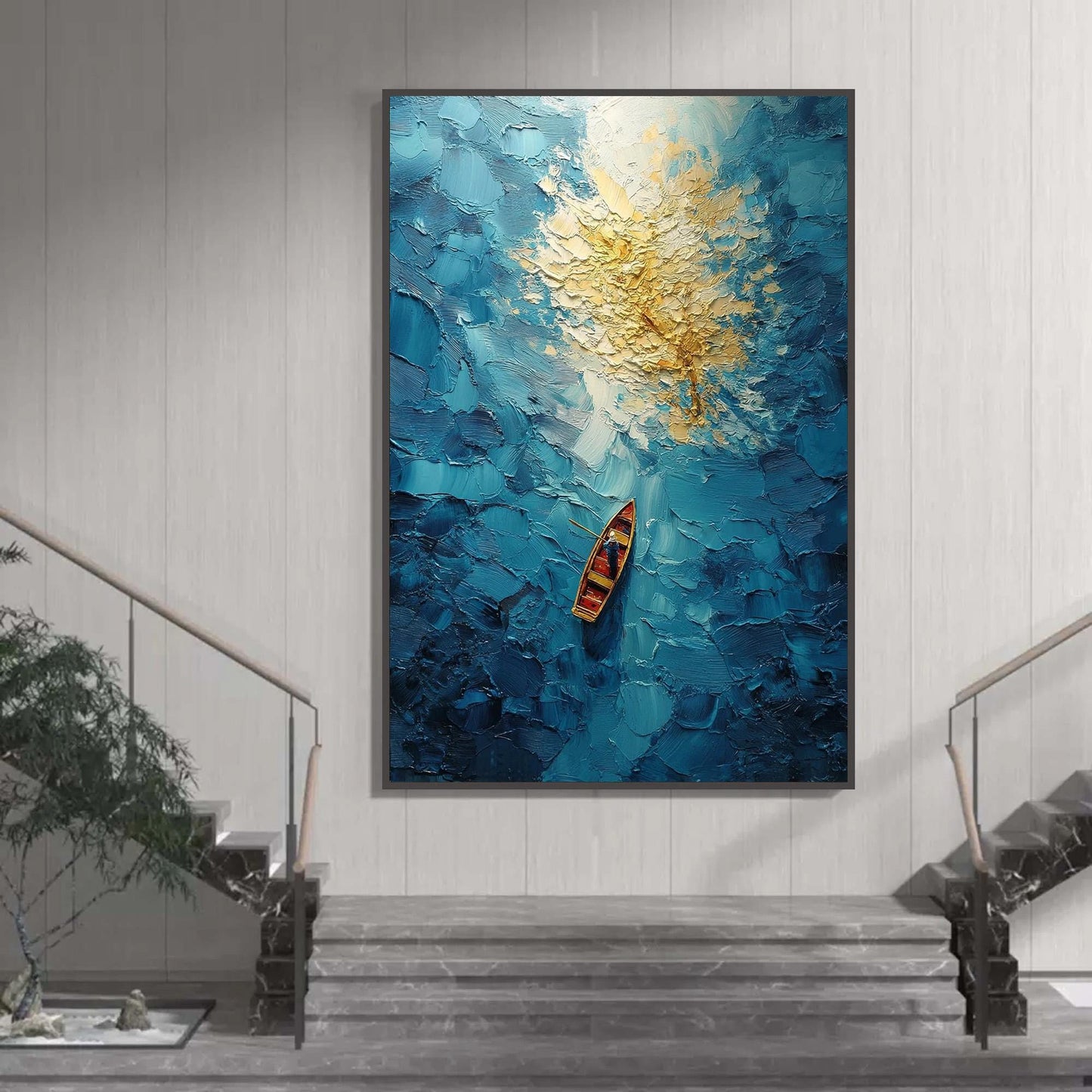Blue – Turquoise and Gold Ship 3D Texture Wall Art | Impasto Painting, view 1