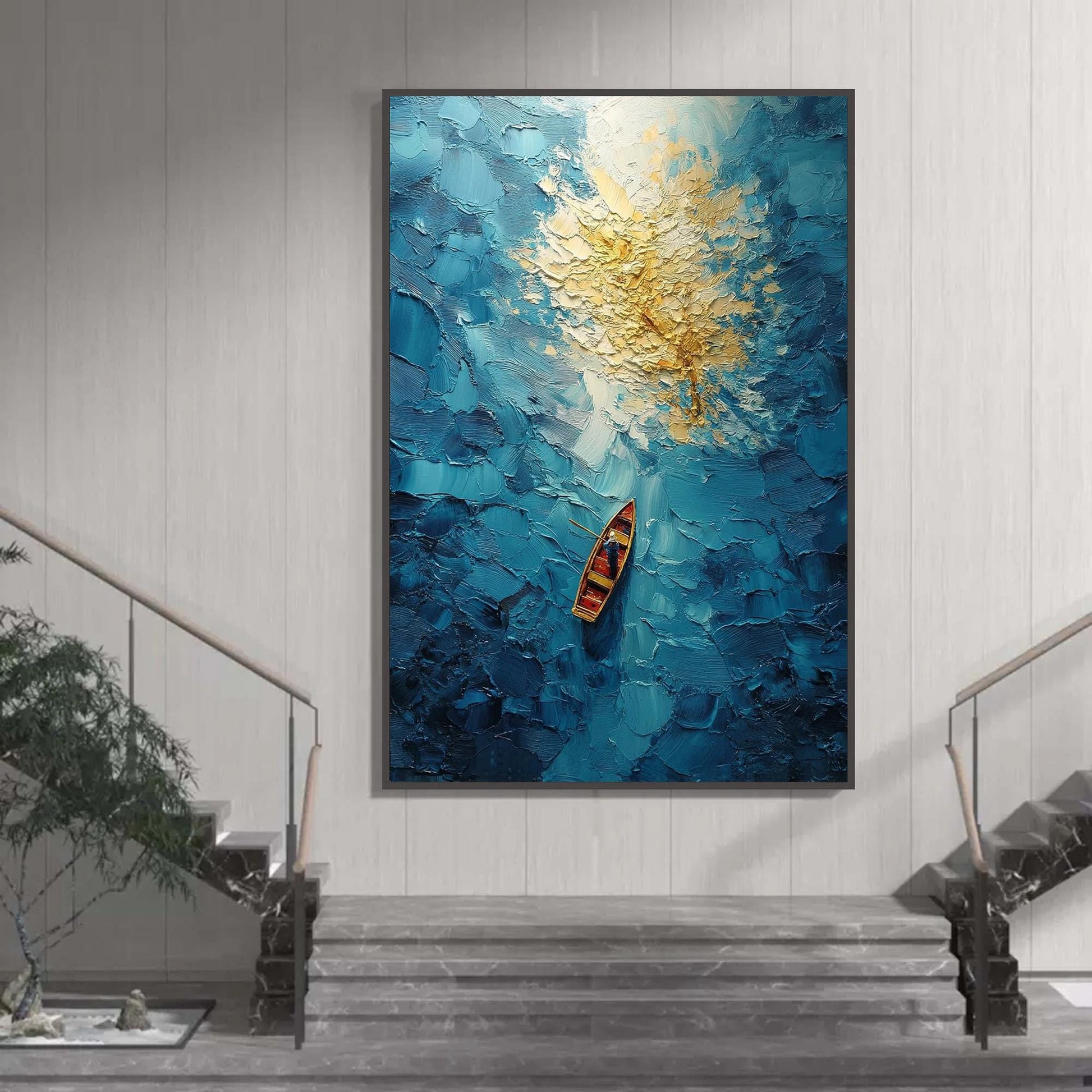 Blue – Turquoise and Gold Ship 3D Texture Wall Art | Impasto Painting, view 1