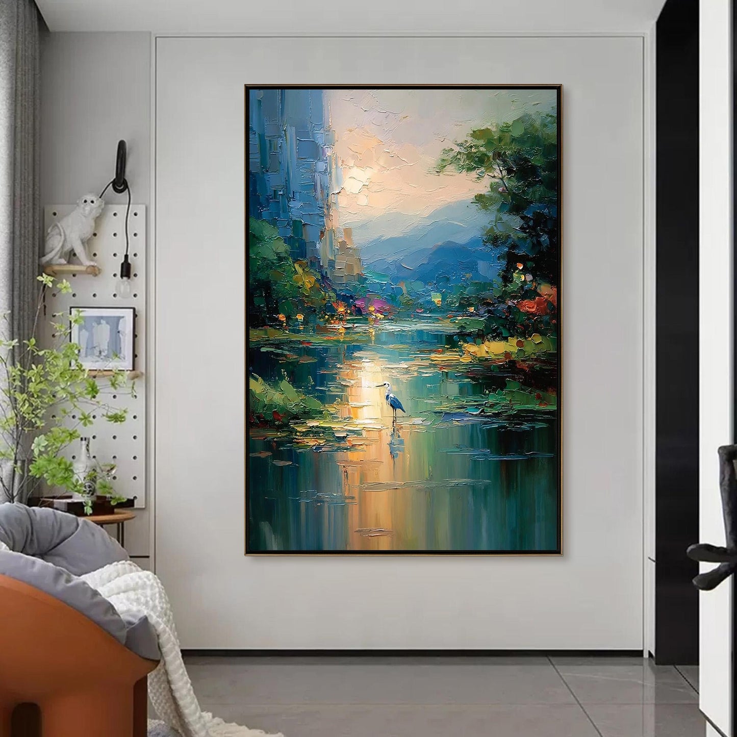 Blue and Amber Impasto River Landscape Wall Art – Blue Heron River Painting