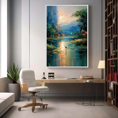 Blue Heron River Painting – Blue and Amber River Landscape Wall Art | Impasto Painting, view 4
