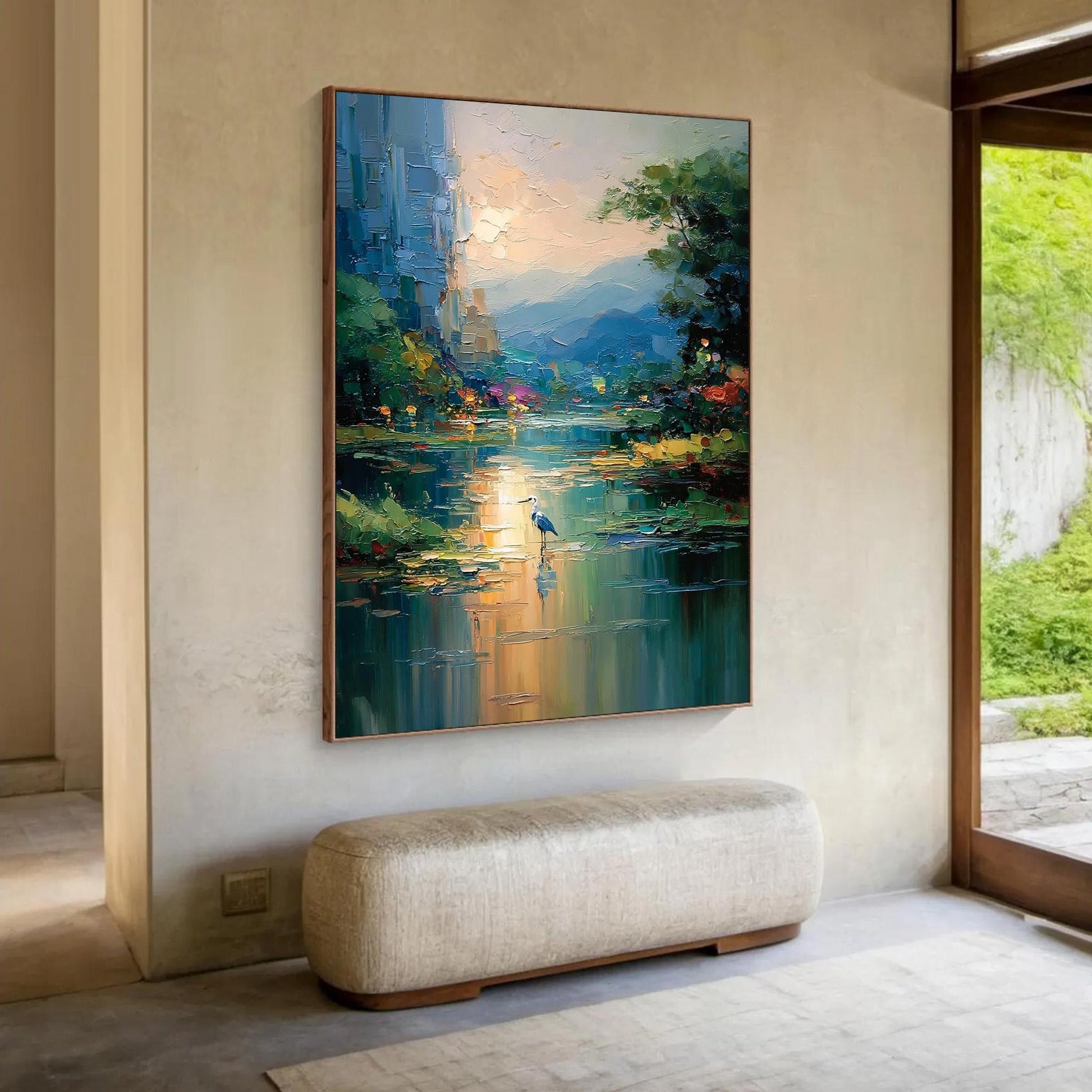 Blue Heron River Painting – Blue and Amber River Landscape Wall Art | Impasto Painting, view 2