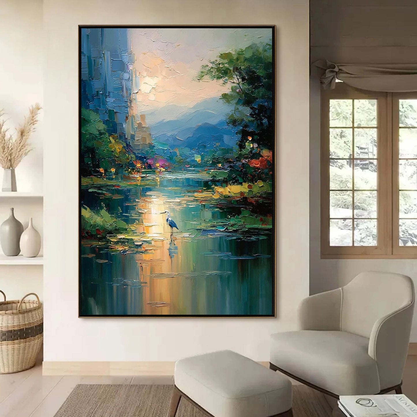 Blue Heron River Painting – Blue and Amber River Landscape Wall Art | Impasto Painting, view 1