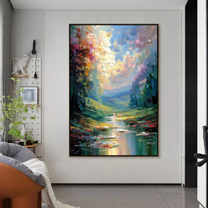 Colorful Impasto River Landscape Wall Art