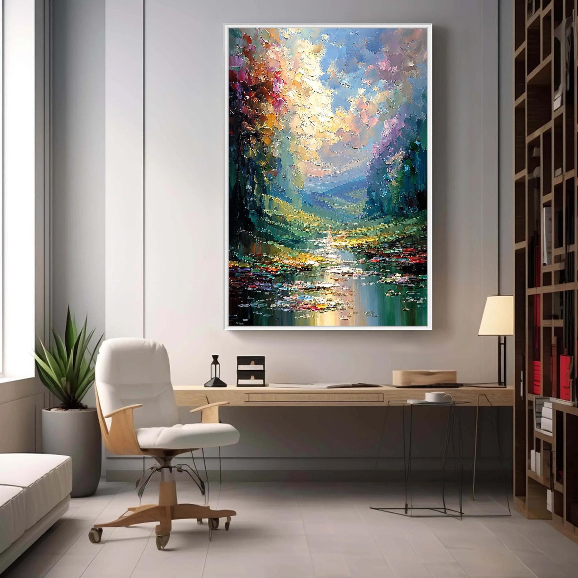 Woman Forest River Painting – Colorful River Landscape Wall Art | Impasto Painting, view 4