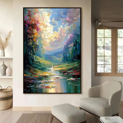 Woman Forest River Painting – Colorful River Landscape Wall Art | Impasto Painting, view 1