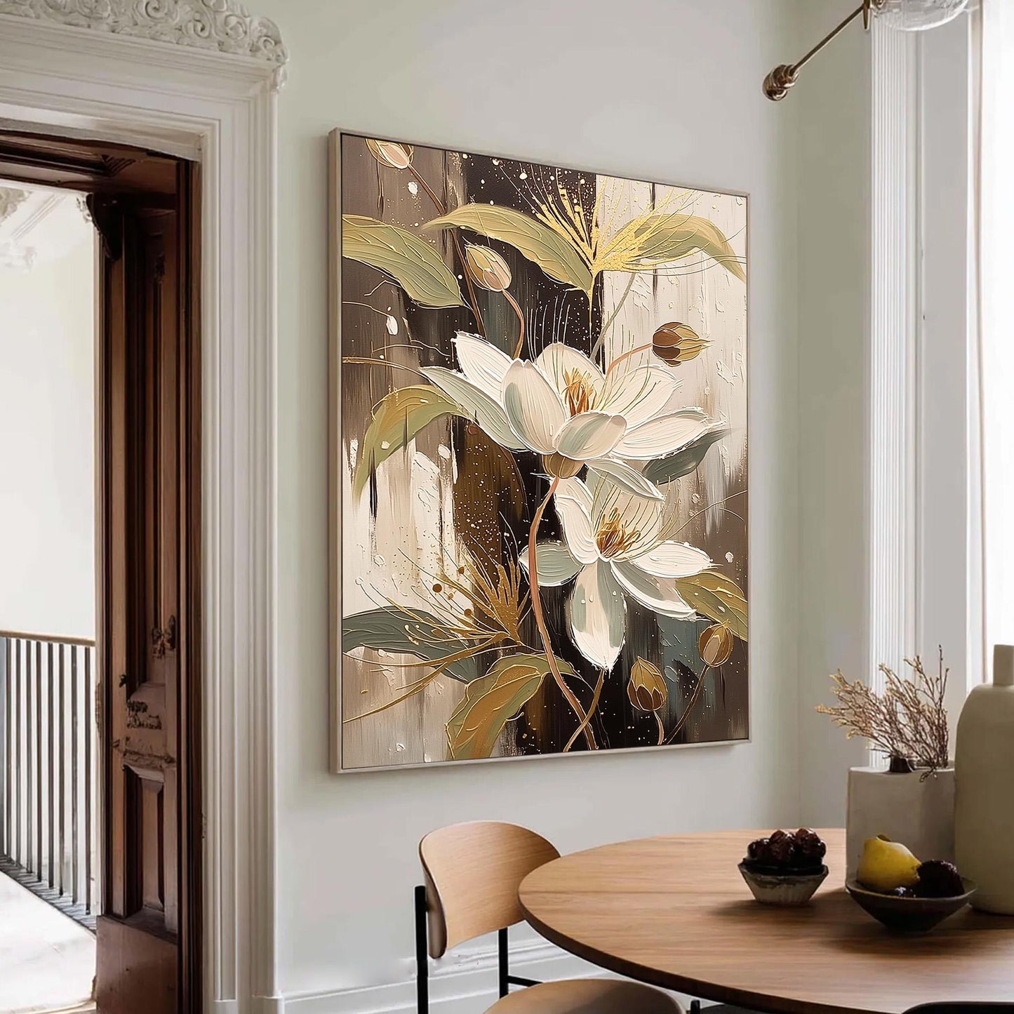 Elegant Floral Canvas Art - Handmade Acrylic - Luxury Home Wall Decor - Wedding Anniversary Gift – Gold and White Floral Wall