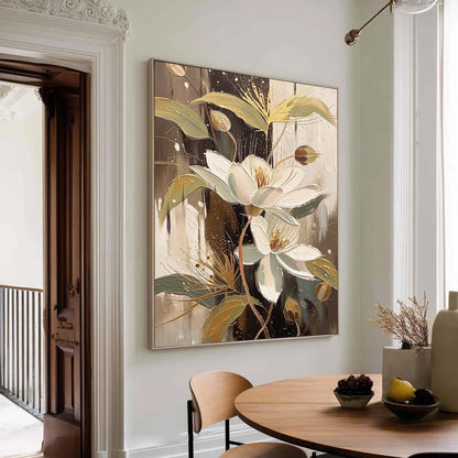 Elegant Floral Canvas Art - Handmade Acrylic - Luxury Home Wall Decor - Wedding Anniversary Gift – Gold and White Floral Wall