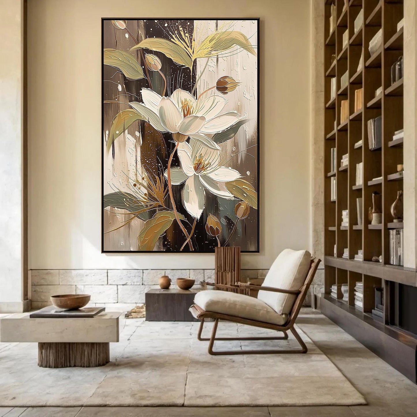 Gold and White Abstract Floral Wall Art – Elegant Floral Canvas Art - Handmade Acrylic - Luxury Home Wall Decor - Wedding Anniversary Gift