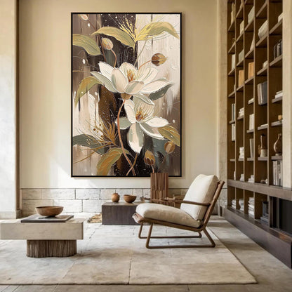Gold and White Abstract Floral Wall Art – Elegant Floral Canvas Art - Handmade Acrylic - Luxury Home Wall Decor - Wedding Anniversary Gift