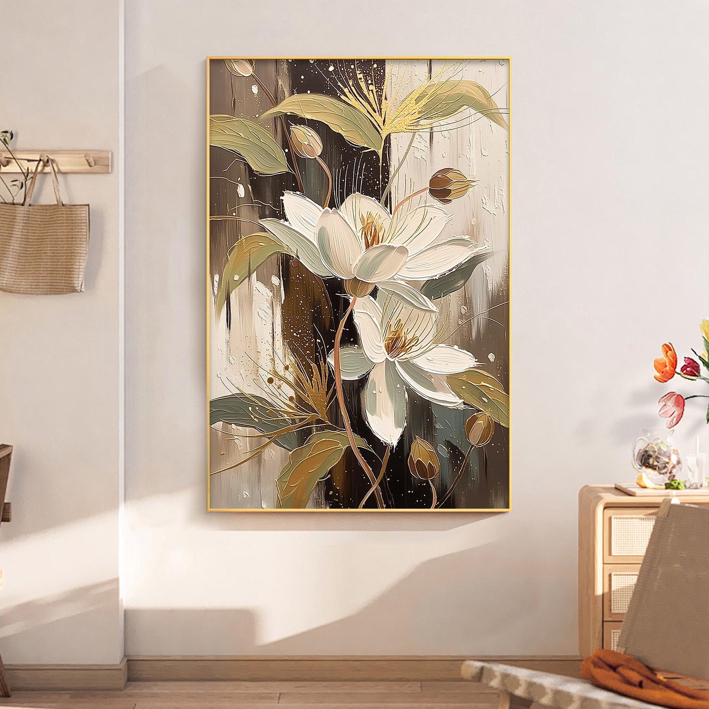Gold and White Abstract Floral Wall Art – Elegant Floral Canvas Art - Handmade Acrylic - Luxury Home Wall Decor - Wedding Anniversary Gift