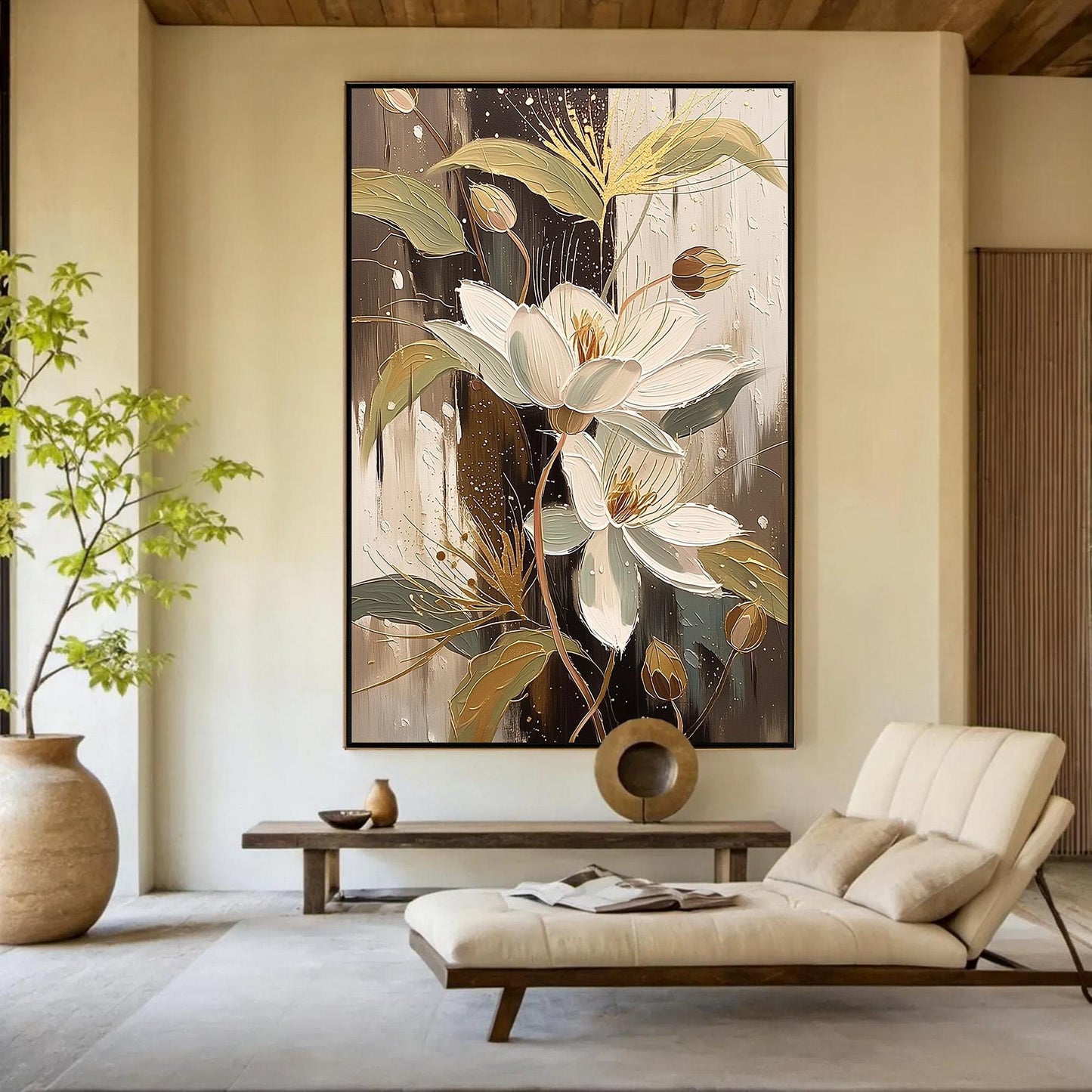 Elegant Floral Canvas Art - Handmade Acrylic - Luxury Home Wall Decor - Wedding Anniversary Gift – Gold and White Floral Wall
