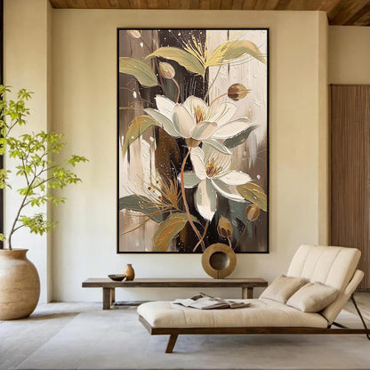 Elegant Floral Canvas Art - Handmade Acrylic - Luxury Home Wall Decor - Wedding Anniversary Gift – Gold and White Floral Wall