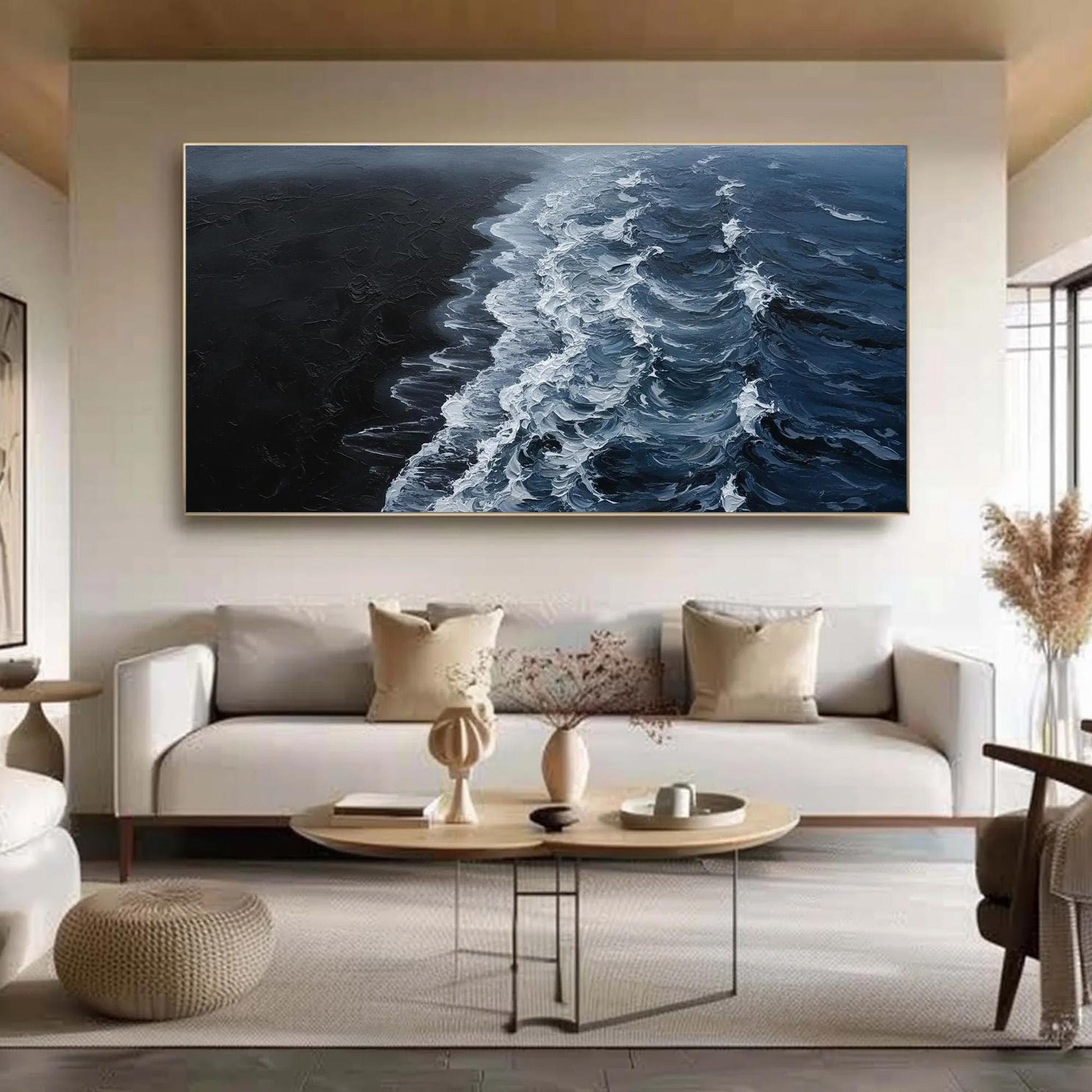 Dark Ocean Wave Canvas - Moody Coastal Art - Handmade Acrylic - Dramatic Seascape Wall Decor Gift – Black and White Ocean Wav