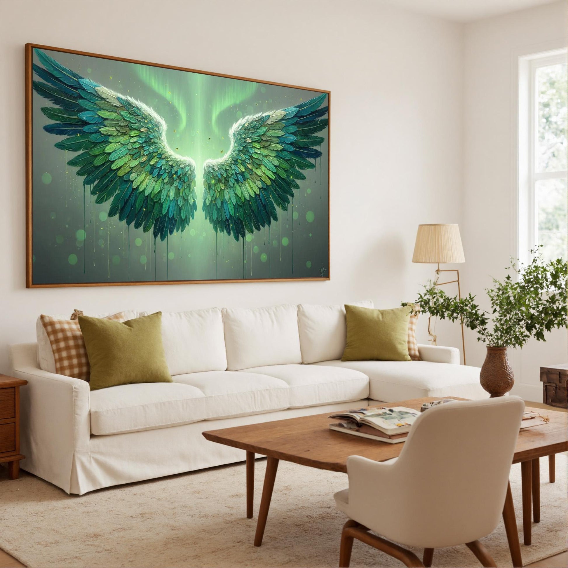 Emerald Feather Canvas Art - Aurora Light Wall Decor - Handmade Acrylic - Nature Spiritual Home Gift – Emerald and Green Bird