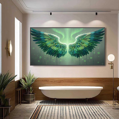 Emerald Feather Canvas Art - Aurora Light Wall Decor - Handmade Acrylic - Nature Spiritual Home Gift – Emerald and Green Bird