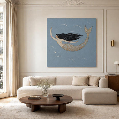 Single Mermaid Wall Art Blue Gold Folk Canvas Painting for Living Room Coastal Decor
