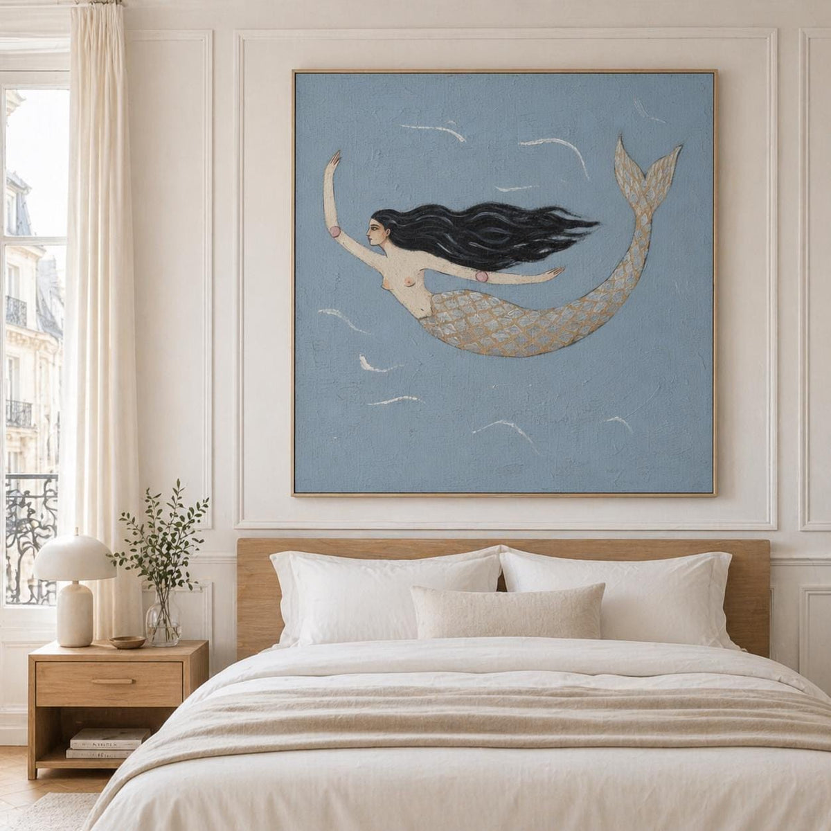 Single Mermaid Wall Art Blue Gold Folk Canvas Painting for Living Room Coastal Decor